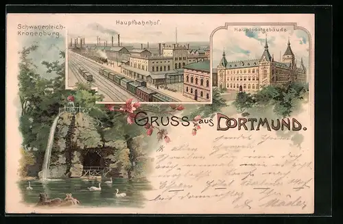 Lithographie Dortmund, Hauptbahnhof, Schwanenteich Kronenburg, Hauptpost
