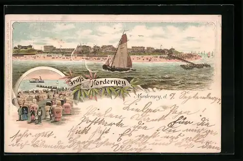 Lithographie Norderney, Gruss mit Partien von der Insel