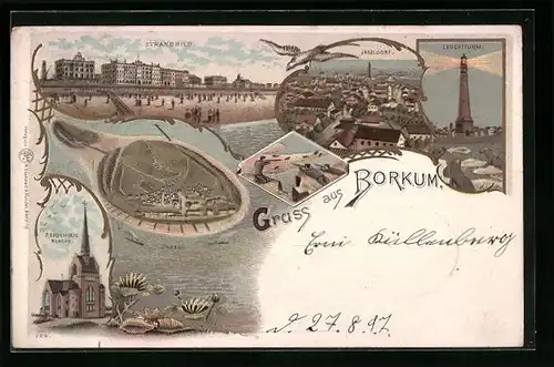 Lithographie Borkum, Leuchtturm, Reformierte Kirche, Strandbild