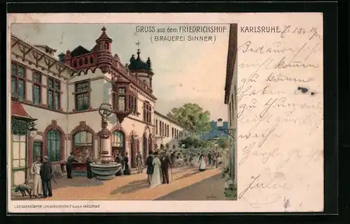 Lithographie Karlsruhe, Gruss aus dem Gasthaus Friedrichshof, Brauerei Sinner