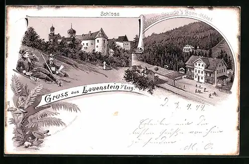 Lithographie Lauenstein i. Erzg., Schloss, Otto Staude`s Bahnhof-Hotel