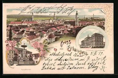 Lithographie Erlangen, Universitäts-Collegiengebäude, Kunstbrunnen