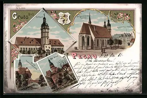 Lithographie Pegau, Rathaus, St. Laurentius Kirche, Postamt