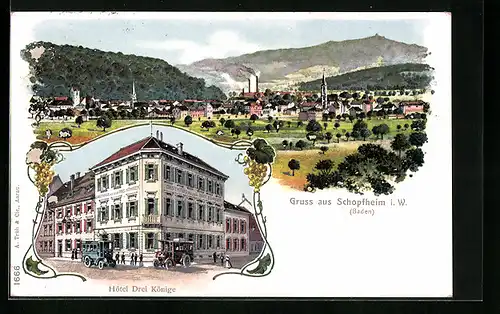Künstler-AK Schopfheim i. W., Hotel Drei Könige, Totalansicht