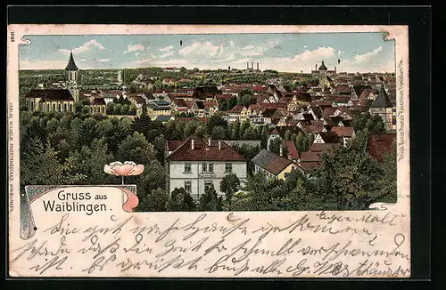 Lithographie Waiblingen, Totalansicht der Ortschaft