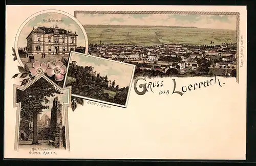 Lithographie Loerrach, Gr. Bezirksamt, Schloss Rötteln und Rittersaal im Schloss