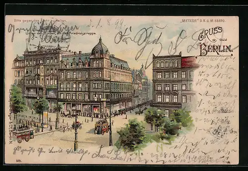 Lithographie Berlin, Unter den Linden, an der Friedrichstrasse, Halt gegen das Licht