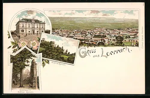 Lithographie Loerrach, Ortsansicht, Amtsgericht, Schloss Rötteln