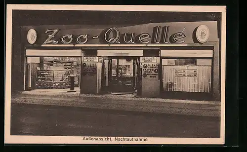 AK Berlin-Charlottenburg, Gasthaus Zoo-Quelle, Joachimsthaler Strasse 1, Fassade bei Nacht