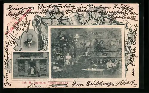 AK Berlin, Gasthaus Original Ochsenkneipe H. Engmann, Jägerstrasse 63, mit Gästen und Portrait des Besitzers