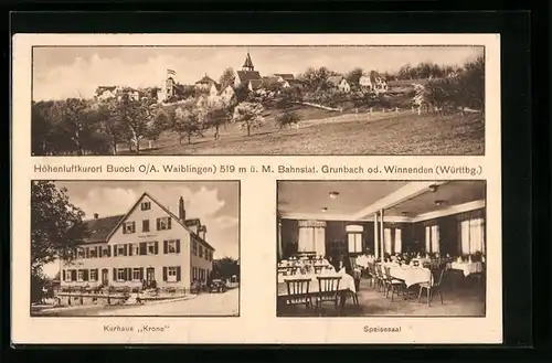 AK Buoch bei Waiblingen, Ortspanorama, Gasthaus Kurhaus Krone mit Strasse und Speisesaal