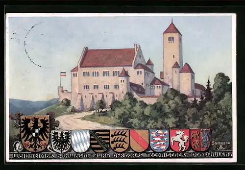 Künstler-AK Weinheim /Bergstrasse, Wachenburg der Corps Technischer Hochschulen, Wappen