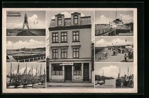 AK Cuxhaven, Gasthaus Schwäbischer Hof, Neue Reihe 3, Seebäderbrücke, Krabbenkutter