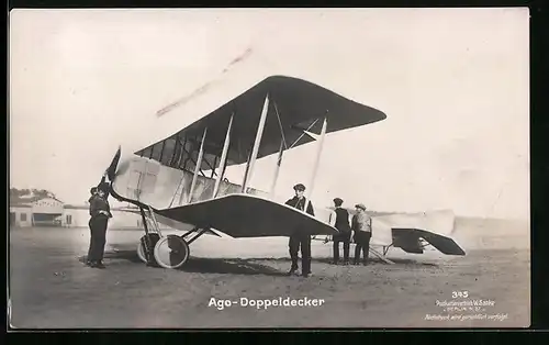 Foto-AK Sanke Nr. 345: Ago-Doppeldecker auf dem Rollfeld