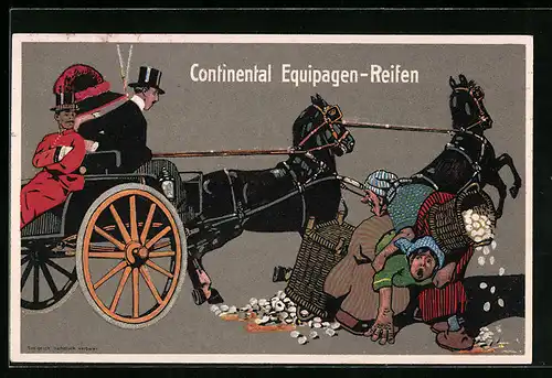 AK Bauersfrauen verlieren Eier bei Zusammenstoss mit Kutsche, Reklame Continental Equipagen-Reifen