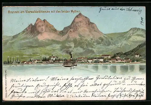 AK Künzli Nr. 5022, Brunnen am Vierwaldstättersee mit den beiden Mythen, Berg mit Gesicht / Berggesichter