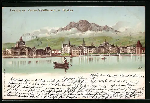 AK Künzli Nr. 5023, Luzern am Vierwaldstättersee, Totalansicht vom See mit Pilatus, Berggesichter