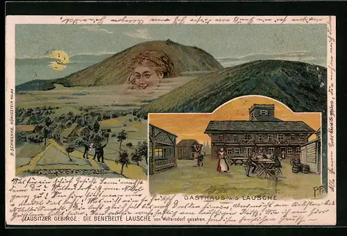 Lithographie Gasthaus a. d. Lausche, Lausitzer Gebirge mit Gesicht, Schwenke Ser. 5 Nr. 3, Berggesichter