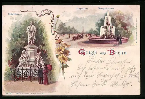 Lithographie Berlin-Tiergarten, Goethe-Denkmal, Siegesallee, Wrangelbrunnen, Ganzsache PP9 F7 /07