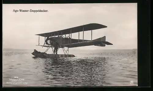 Foto-AK Sanke Nr. 314: Ago-Wasser-Doppeldecker, Wasserflugzeug