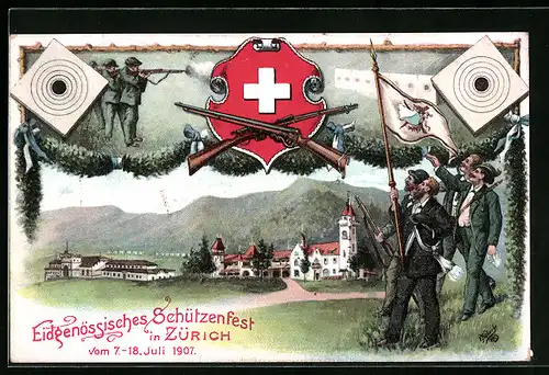 Künstler-AK Zürich, Eidgenössisches Schützenfest, 7.-18. Juli 1907