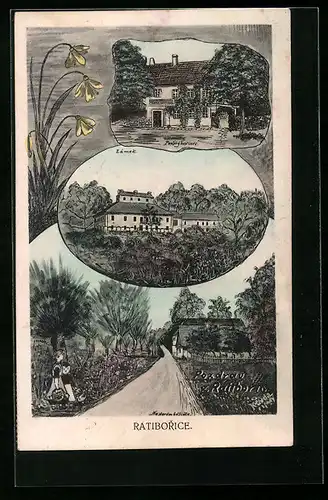 Künstler-AK Ratiborice, Ponsky hostinec, Zámek, Nastarém bélidle