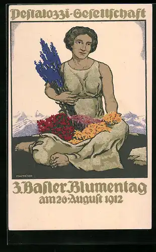 Künstler-AK Basel, 3. Basler Blumentag 1912, Frau mit Blumen
