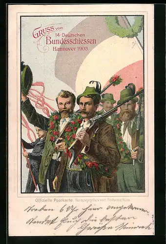 AK Hannover, 14. Bundesschiessen 1903, Schützen mit Gewehren, Ganzsache