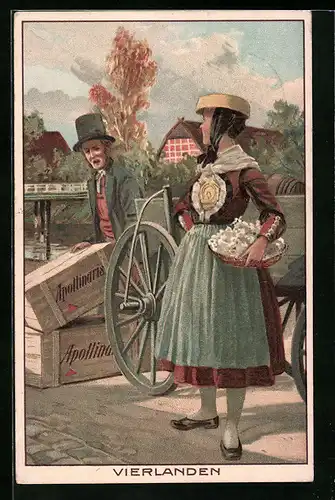 Künstler-AK Tracht aus Vierlanden, Reklame für Apollinaris Mineralwasser