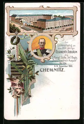 Lithographie Ganzsache PP15C32: Chemnitz, Kasernement des 5. Kgl. Sächs. Inf.-Regts. Prinz Friedrich August 104