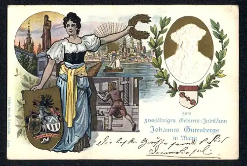 Präge-Lithographie Ganzsache PP15D6: Mainz, 500 jähriges Geburts-Jubiläum Johannes Gutenbergs 1900, Relief-Portrait