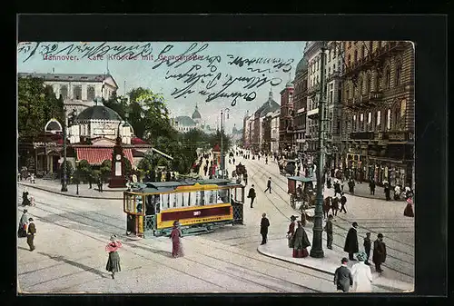 AK Hannover, Café Kröpcke mit Georgstrasse, Strassenbahn