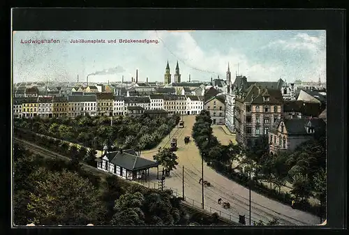 AK Ludwigshafen, Jubiläumsplatz und Brückenaufgang mit Strassenbahn