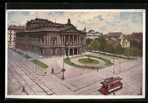 AK Brünn, Stadttheater mit Strassenbahn