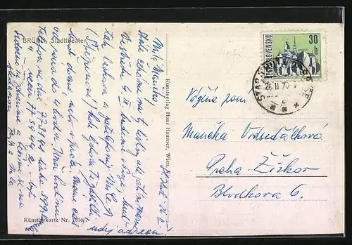 AK Brünn, Stadttheater mit Strassenbahn