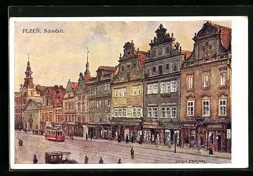 Künstler-AK Plzen, Namesti, Strassenbahn