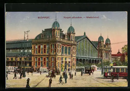 AK Budapest, Westbahnhof mit Strassenbahn