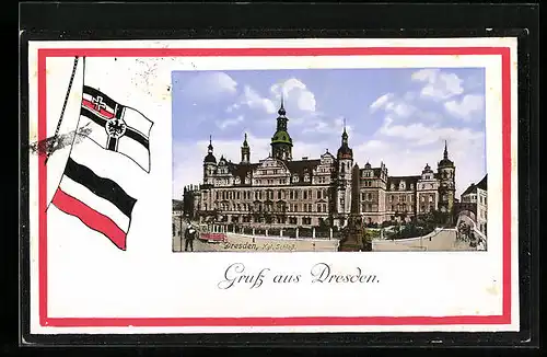 AK Dresden, Königliches Schloss mit Strassenbahn, Patriotik
