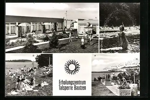 AK Bautzen, Erholungszentrum Talsperre, Bungalows Typ Niska, FKK-Strand, Terrasse am Kiosk