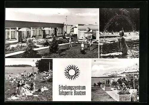 AK Bautzen, Erholungszentrum Talsperre, Bungalows Typ Niska, FKK-Strand, Terrasse am Kiosk