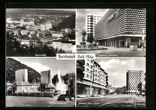 AK Suhl /Thür., Teilansicht, Centrum Warenhaus, Waffenmuseum, Wilhelm-Pieck-Strasse