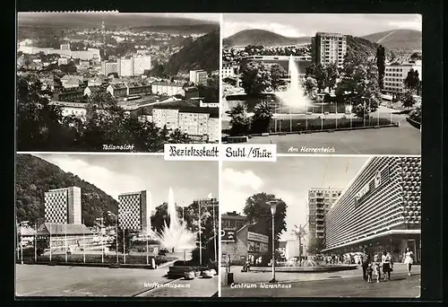 AK Suhl /Thür., Teilansicht, Am Herrenteich, Waffenmuseum, Centrum Warenhaus