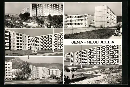 AK Jena-Neulobeda, Ansichten mit Hochhäusern und Trabant