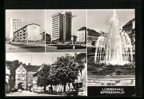 AK Lübbenau /Spreewald, Strasse der Jugend, Roter Platz, Topfmarkt, Springbrunnen an der Hauptstrasse