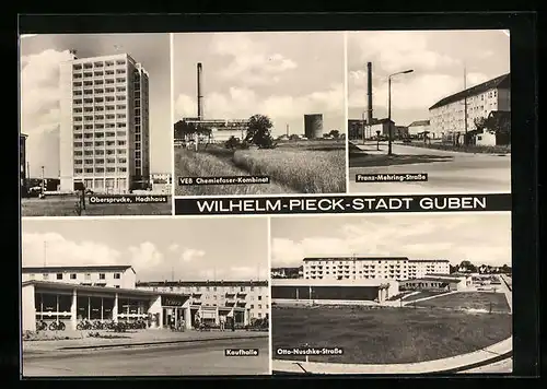 AK Guben, VEB Chemiefaser-Kombinat, Kaufhalle, Obersprucke, Hochhaus