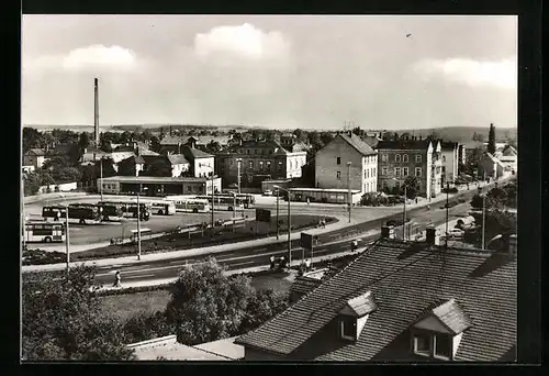 AK Oschatz, Busbahnhof aus der Vogelschau