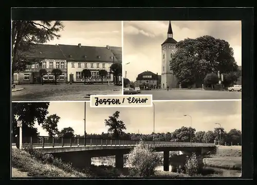 AK Jessen /Elster, HOG Leninplatz, Leninplatz mit Kirche, Friedenbrücke