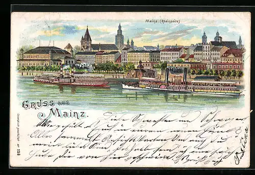 Lithographie Mainz a. Rh., Ortspartie am Rheinufer