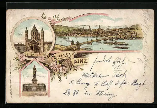 Lithographie Mainz, Ortsansicht, Dom, Schiller-Denkmal