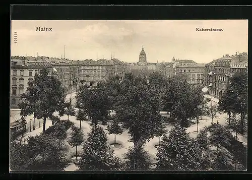 AK Mainz, Blick in die Kaiserstrasse mit Strassenbahn